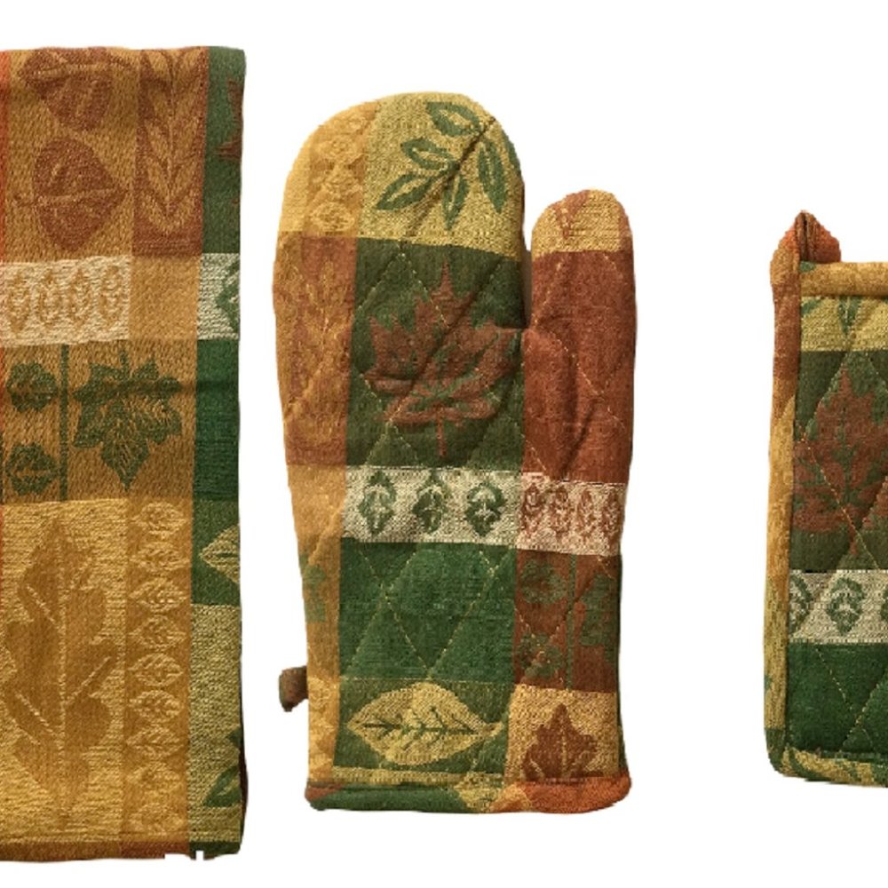 Kitchen Set Towels Oven Mitt Potholder Fall Harvest Jacquard Print 4 Pieces